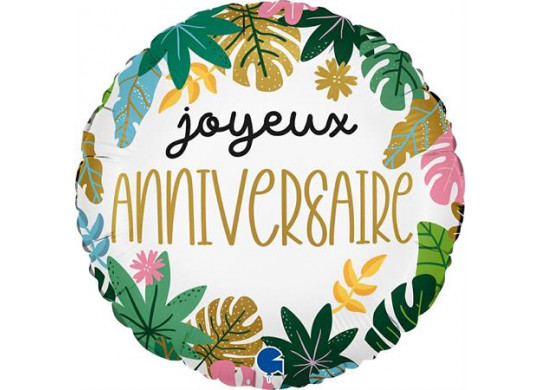 Ballon aluminium rond joyeux anniversaire tropical