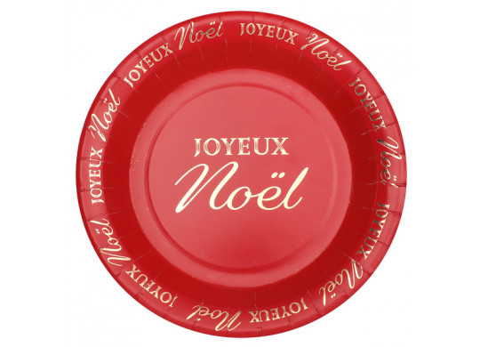 10 Assiettes rouges Joyeux Noël scintillant or