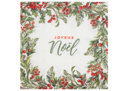 20 Serviettes blanches houx Joyeux Noël