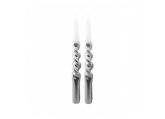 Bougies flambeaux torsadees blanc/argent x2