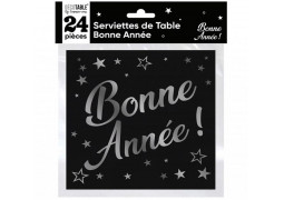 24 Serviettes noires Bonne année argent