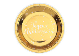 Assiettes PM joyeux anniversaire metalise or x10