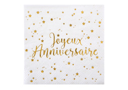 Serviettes joyeux anniversaire metalise or x 20